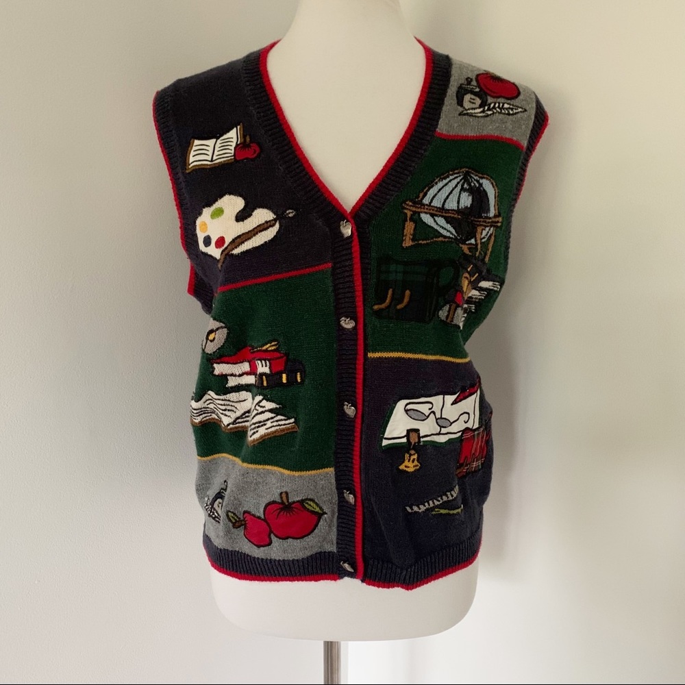 Novelty Academic Icon Knit Vest - Navy & Green